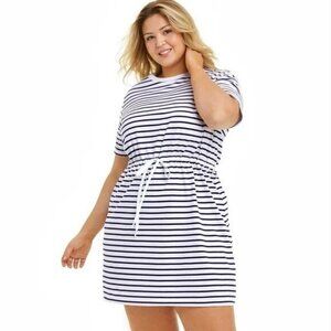 Draper James Navy Stripe Tie Waist T-Shirt Dress 2X Plus Cotton Coastal Cruise